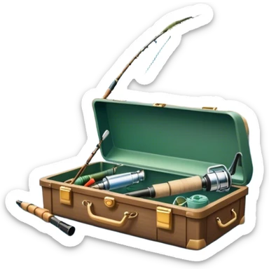 Icon for Fishing: a fishing rod and tackle box next to a boat on the shore of a serene lake, with a scenic natural background, including trees and water. The icon should represent the peacefulness of fishing. Transparent background, no border. sticker