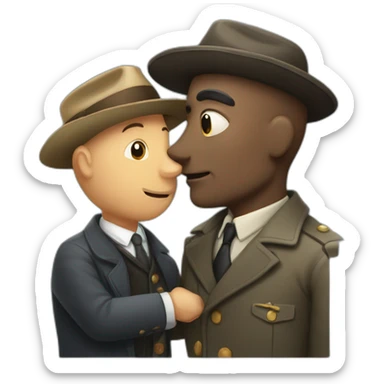 African bald older  man detective with hat kisses older european man detective  sticker