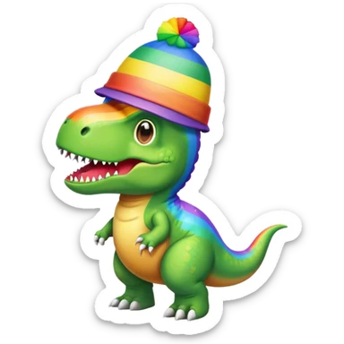 a nostalgic t-rex wearing a rainbow cap sticker