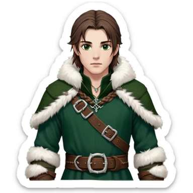 Medieval winter outfit worn by a DnD themed fantasy male character. Double-layered hunter green wool tunic with sable fur collar, featuring silver chain closures and a thick braided leather belt with iron fittings. Clothes only above the waist, full waist coverage. The character has no arms. Character is white-skinned with rich brown hair, amber-flecked eyes, and medium-length straight hair with ice-rimmed edges. sticker