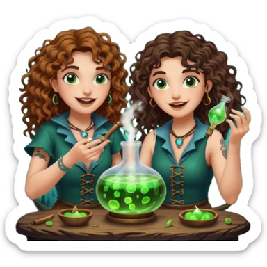forest alchemist duo two women curly long hair tattooed and short brown mullet mixing glowing moon potion together excited faces sticker