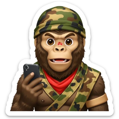 King Kong with a cell phone emojie wearing a camouflage bandana sticker