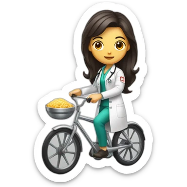long and dark hair female doctor with a ramen bowl in her hand and riding a chrome bicycle sticker