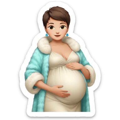 pregnant stylish woman with short pixie brunette hair happily touching her big belly while wearing white gown and fancy fur coat and colorful shades sticker