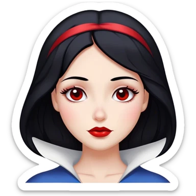 Cinematic Majestic Snow White Portrait Emoji, rendered in a clean, vector-style with bold, simplified shapes. Show Snow White with a serene, noble expression, radiant porcelain skin, and elegantly styled raven hair accented with subtle red highlights, her attire simple yet refined. The design radiates a majestic, pure glow with high shine and a soft glowing outline, embodying classic royal beauty. sticker