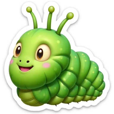 Cinematic Realistic Cute Caterpillar Portrait Emoji, Head tilted playfully and inquisitively, featuring a compact, segmented body in bright, vibrant green with delicate, inviting textures and a charming, rounded face with sparkling eyes full of curiosity, rendered with lifelike detail and natural highlights, high shine, affectionate and spirited, styled with a touch of garden whimsy, soft glowing outline, capturing the essence of a mischievous yet lovable caterpillar that seems poised to crawl cheerfully into your arms! sticker