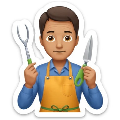 Middle-aged male florist – apron on, trimming stems with scissors sticker