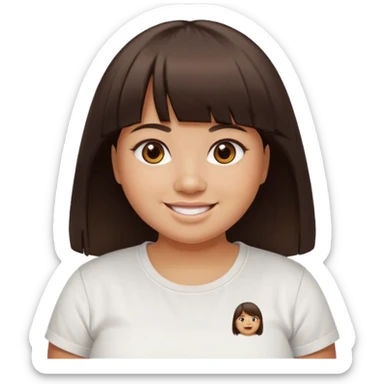27 year old woman with tan skin, long dark brown hair with blunt cut bangs, chubby face, brown eyes, smiling without teeth showing, white tee shirt sticker