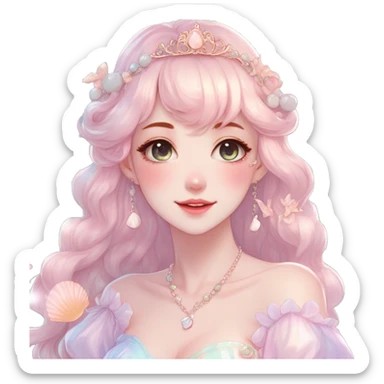 Gorgeous pastel anime style lady with blushing face and seashell-tiara dress necklace cottagecore fairycore pastelcore colorful pearly romantic simplistic aesthetic trending style sticker