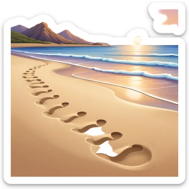 A quiet beach at sunset. **Baby footsteps trail behind larger ones**,  sticker