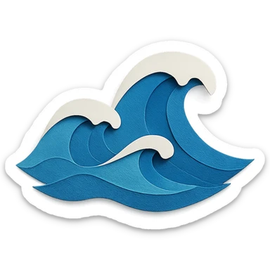 illustration of ocean waves made of layered blue paper with white foam accents in paper-craft style sticker