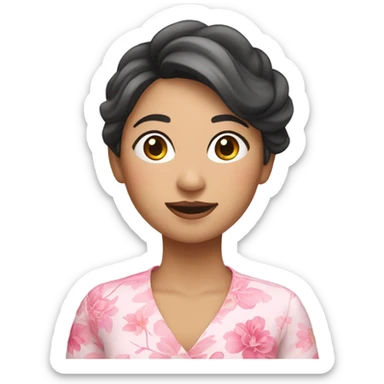 asian woman wearing floral dress holding a pink balloon sticker