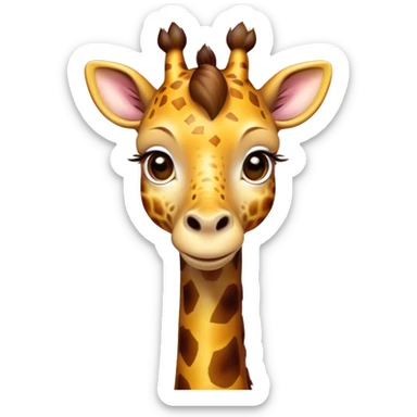 Cinematic Cute Giraffe Portrait Emoji, Head tilted playfully and inquisitively, featuring a glossy, patterned Fur of warm yellows and browns with delicate white spots, round, sparkling eyes filled with curious wonder, Simplified yet irresistibly adorable features, highly detailed, glowing with a warm, friendly glow, high shine, affectionate and gentle, stylized with a touch of savannah whimsy, bright and endearing, soft glowing outline, capturing the essence of a mischievous yet loving giraffe, so playful it feels like it could gallop out of the screen and into your arms! sticker