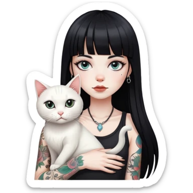 girl with long black  straight bangs hair and tattoos and a white cat sticker