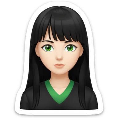 A white woman with Long straight hair with bangs, black hair, green eyes and a black low-cut shirt sticker