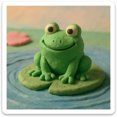 close-up of a smiling frog on a lily pad, gentle ripples in the pond, pastel background, claymation style sticker