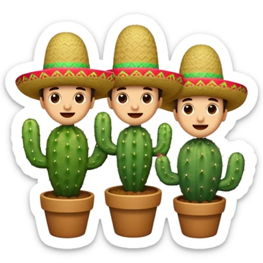 a trio of cactuses, each with distinct face: cheeky, joyful, surprised, all wearing festive Mexican sombreros, cute expressive emoji style sticker
