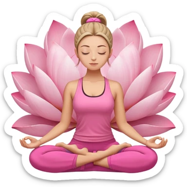 white woman with neat ponytail hairstyle, sitting in lotus position, meditating with closed eyes and serene expression, wearing pink yoga outfit sticker