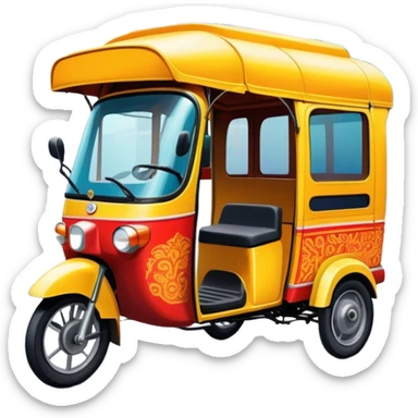 Cinematic Realistic image of a colorful auto rickshaw, rendered with detailed textures and lively, bold hues, set on a bustling urban street with dynamic, vibrant lighting that emphasizes its iconic role sticker