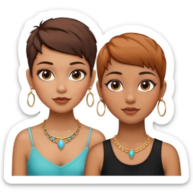 Puerto Rican fair skin straight brown pixie cut hair with hoop earrings make up and my best friend brown  colored pixie cut with jewelry and makeup on her caramel color face besties side-by-side wearing black  sticker