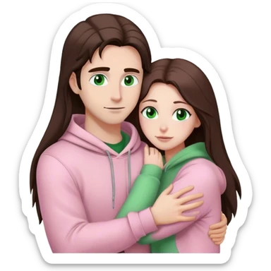 white woman with very long brown hair and green eyes in a light pink outfit hugging a white man with dark brown hair and black hoodie sticker