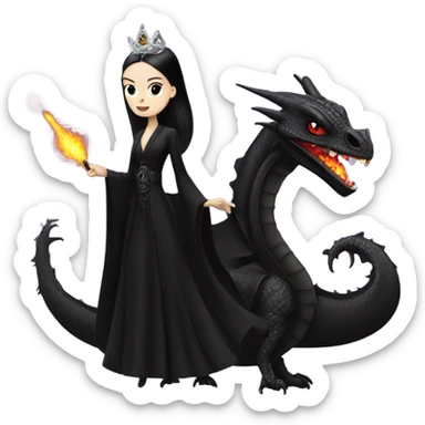 Lavish Victorian evening gown, young Morticia Addams Jedi wearing a mini tiara, riding on the back of a very large black shiny evil-looking fire-spewing horned dragon sticker