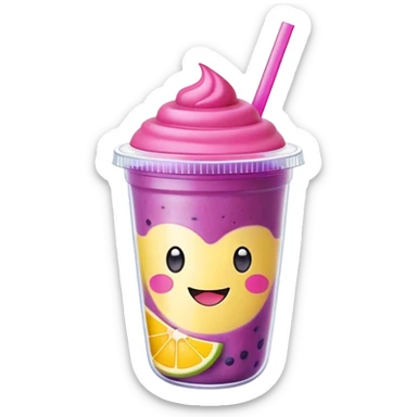 Cute Kawaii Smoothie Cup, filled with blended fruity goodness, a smiling face with excited eyes, bright colorful layers of pink, yellow, and purple, topped with a straw and tiny fruit slices! sticker