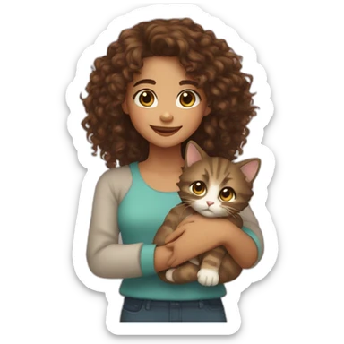 Girl long curly brown hair smiling mixed race et tenant brown eyes and holding a cat in her arms sticker