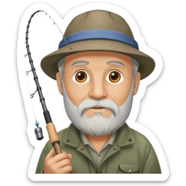 old fisherman with gray beard, fishing rod and hat sticker