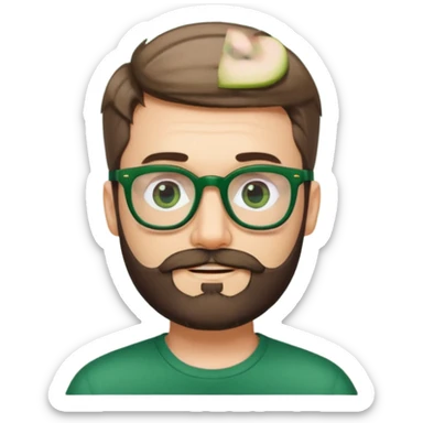 man with medium beard, short hair, satisfied expression, wearing dark green framed glasses, simple and colorful Apple emoji style sticker