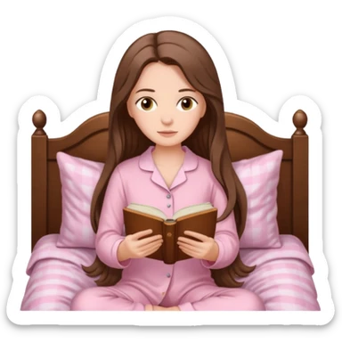  white long brunette hair girl with hazel eyes in light pink pajamas reading Pride and Prejudice sticker