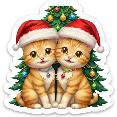 2 hazel green eyed cute hugging laughing fluffy gold twin kittens with Santa hats by a colorful multicolored brightly lit up Christmas trees wearing gold gem chains sticker