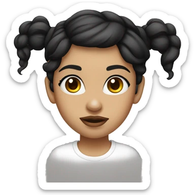 A girl with long wavy black hair, thick eyebrows, long eye lashes with white skin and pick lips. Wearing a white tshirt sticker