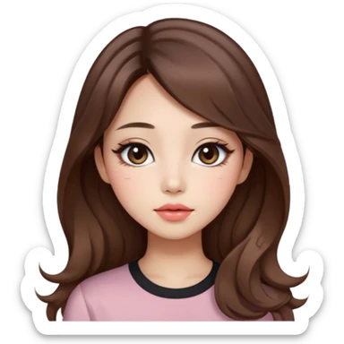 “korean straight brown hair Emoji girl, soft eyeliner and blush, gradient lips, light brown shimmer eyeshadow, long wavy hair,  sticker