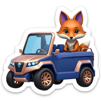 dark crystal blueberry and rosegold-accented cyber truck style-faceted-body electric racing car driven by a small cute but relaxed fox with rear spoiler, roll bar, and wheely bar sticker