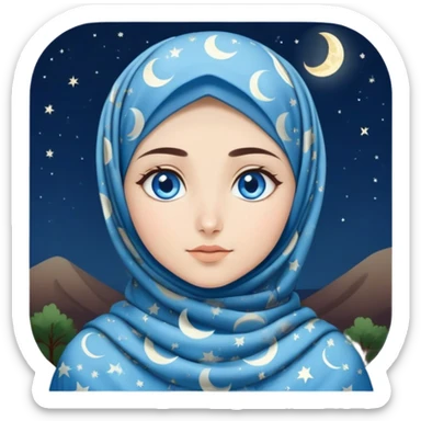 Turkish beautiful finish Konya girl blue eyes with moon patterned hijab dress and watching the moonlight sky on the ground  sticker