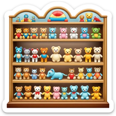 Icon for Toy Collecting: a collection of various vintage toys such as dolls, action figures and plush animals, displayed neatly on shelves or in display cases. The icon should evoke the joy and nostalgia of collecting toys. Transparent background. sticker