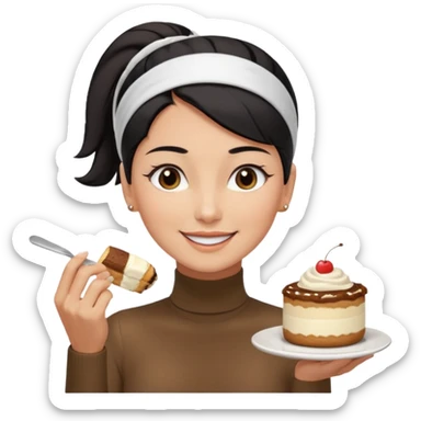  tan skin woman with long face, and short black hair slicked back ponytail with forehead showing, white headband, wearing white turtleneck shirt, eating tiramisu smiling with middle parted hair sticker
