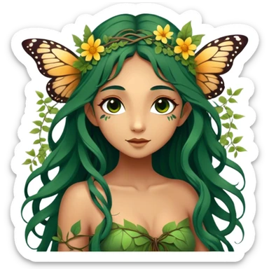 Cinematic Realistic Forest Nymph Fairy portrait, with butterfly wings and depicted with lifelike, sun-kissed tanned skin that radiates an earthy glow, softly illuminated by natural, dappled light. Her long, flowing dark green hair is intricately detailed and interwoven with delicate vines and wildflowers, while her deep, soulful eyes mirror the wisdom of the forest. Dressed in an attire inspired by nature’s palette—with subtle botanical motifs—the portrait exudes a soft, enchanted glow that melds realism with woodland magic. sticker
