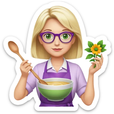 middle aged woman with shoulder length blonde hair, purple glasses, green eyes, flower apron, holding a bowl and mixing spoon sticker