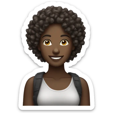 dark skinned curly haired beautiful woman with street wear smiling sticker
