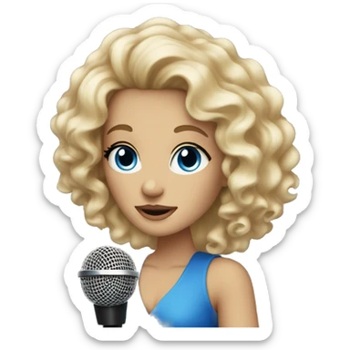 Beautiful blonde curly woman with blue eyes with microphone sticker