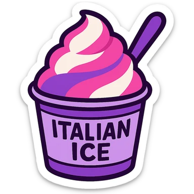 Italian ice dessert in purple, pink, and white, vibrant, appetizing, in a cup, with a spoon sticker