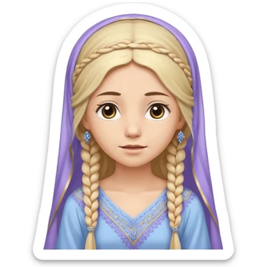 
mujer, Joven, de aspecto dulce y elegante.
Piel clara, ojos grandes y expresivos, sonrisa triste.
Rubio o castaño claro, largo, con trenzas o velo.
Vestido largo hasta los pies de tonos suaves (blanco, azul o lavanda), con bordados dorados; toca fina cubriendo la cabeza. sticker