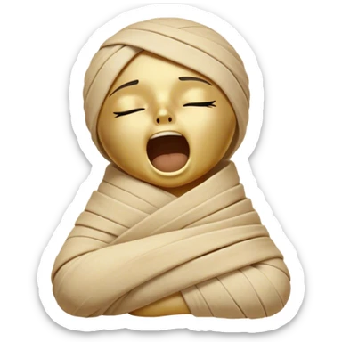 Cinematic Cute Yawning Mummy Portrait Emoji, with a snug, slightly askew bandaged form in warm, faded tones with gentle golden accents, head tilted back in a big, sleepy yawn revealing cute hints of ancient charm, simplified yet adorably detailed, glowing with a soft, nostalgic radiance and a gentle outline that captures a mummy’s tender need for rest! sticker