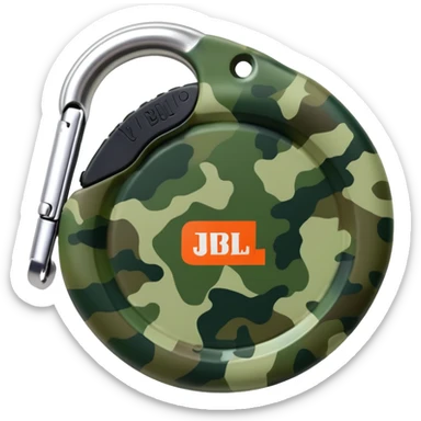 Minimal JBL Clip 4 with proper circular form, carabiner clip, green camouflage, and JBL branding visible, iOS emoji style sticker