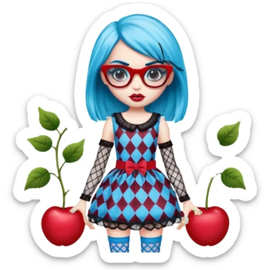 Ghoulia yelps monster high doll in scene/emo style cherry print dress with fishnet sleeves, clothes, thin, small, red, rectangle glasses sticker