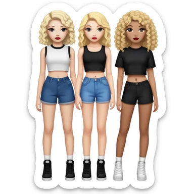 Full body of two teenage girls standing together, one white with straight blonde hair and one brown-skinned with curly dark hair, both with heavy makeup, big lips, crop tops and choni style clothing sticker