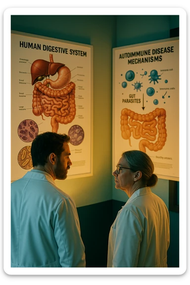 Realistic, detailed photo taken from behind of two doctors—a bearded man and a middle-aged woman—standing side by side in a modern medical office, intently studying a large, illuminated medical chart on the wall. The chart displays a detailed diagram of the human digestive system, highlighting the intestines and showing microscopic images of intestinal parasites. Next to it, another chart illustrates the immune system attacking healthy tissues, visually connecting gut parasites to autoimmune disease mechanisms. The room is bathed in a single green-blue color, with a warm, yellow-orange light casting soft shadows around the doctors. Both wear white coats and have serious, focused expressions, suggesting a deep discussion about the root causes of autoimmune conditions. Shot with a Canon EOS R5, with high detail, natural depth of field, and a clinical yet dramatic atmosphere. sticker