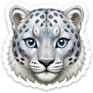 Cinematic-Noble-Snow-Leopard-Portrait-Emoji – Poised and majestic, with a muscular, agile build and a beautifully patterned coat of soft white and grey fur, marked with striking rosettes, deep-set, intelligent icy blue eyes, simplified yet sharp and sophisticated. zoomed out  sticker
